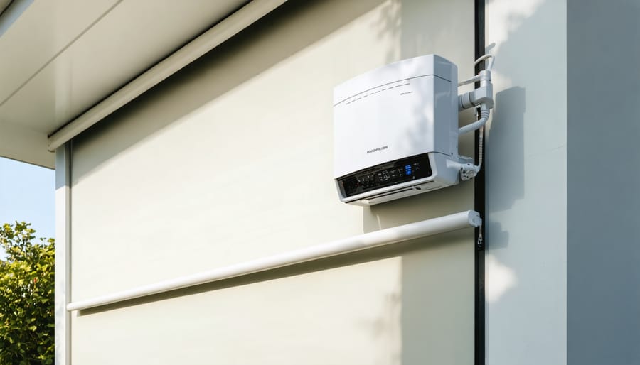 Close-up of motorized shade control panel and motor housing on exterior wall