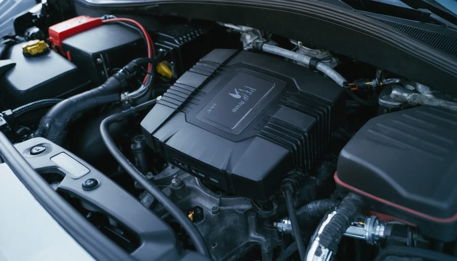 DC-to-DC charger mounted in vehicle engine bay with clean wiring