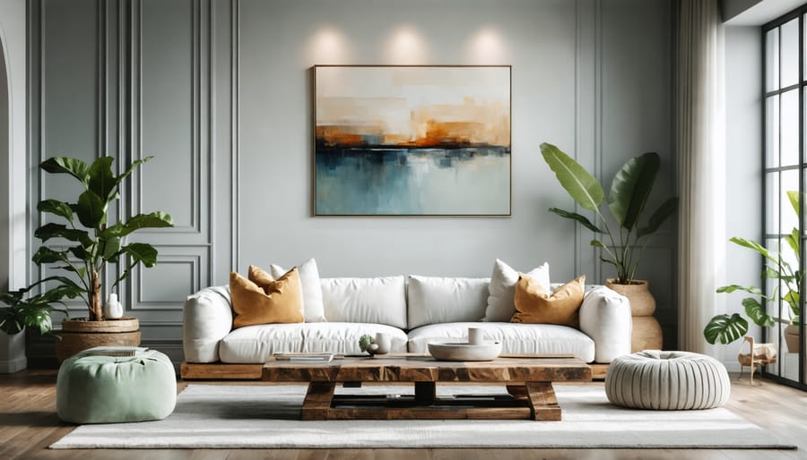 Modern living room with dove gray walls and contemporary furniture in natural lighting