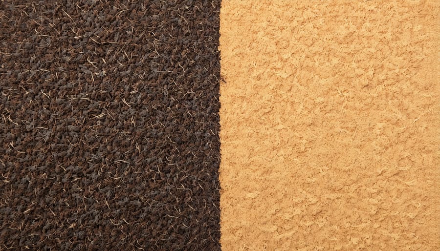 Visual comparison between brown fibrous peat moss and coconut coir materials