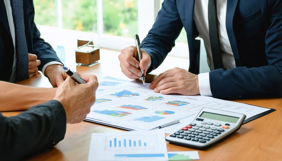 Property investment consultation showing agent explaining documents to investors