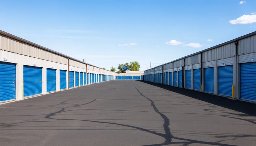 Aerial view of self-storage property showing building placement and landscaping buffers