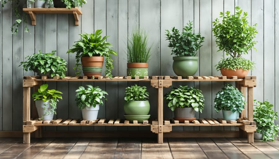 DIY multi-tiered plant stand crafted from 4x4 lumber displaying various plants