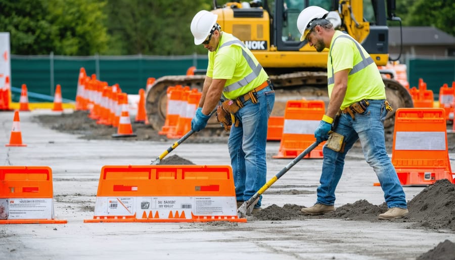 Workers installing construction site safety fencing and warning tape