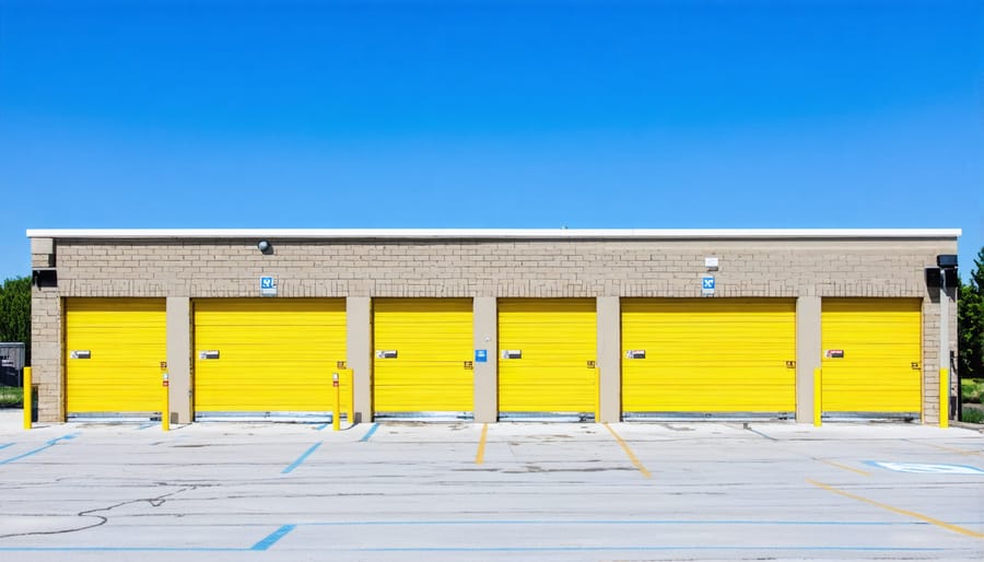 Modern self-storage facility building with orange doors in commercial area