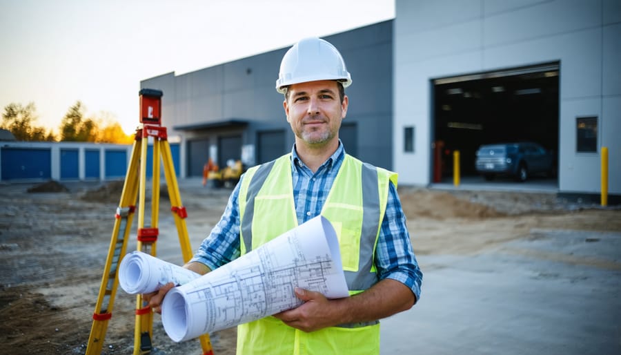 Developer in a hard hat holding rolled plans next to modern self-storage units, with survey tripod and staked strings marking setbacks, golden-hour lighting, and a city hall–style building softly blurred in the background.