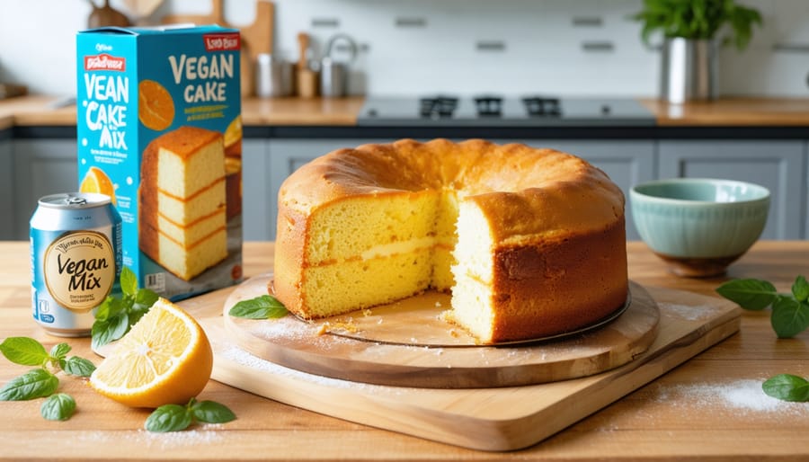 A freshly baked, golden-brown vegan cake with a slice cut to reveal its fluffy texture, surrounded by a box of cake mix, a can of soda, and a bowl of plant-based mix-in.