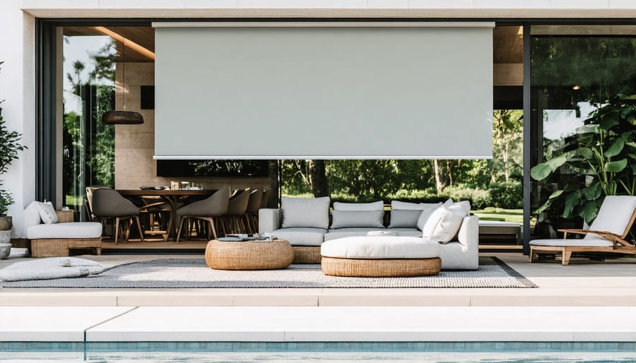 Person using smartphone app to control motorized outdoor window shades from patio