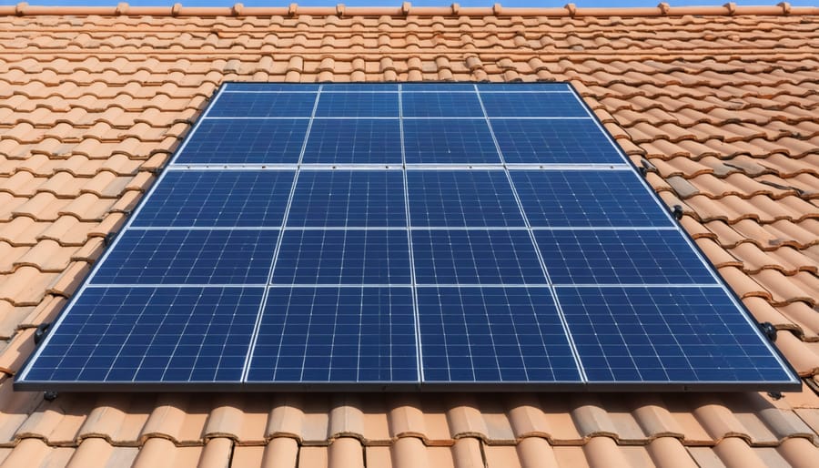 Detailed view of installed solar roof tiles on residential building