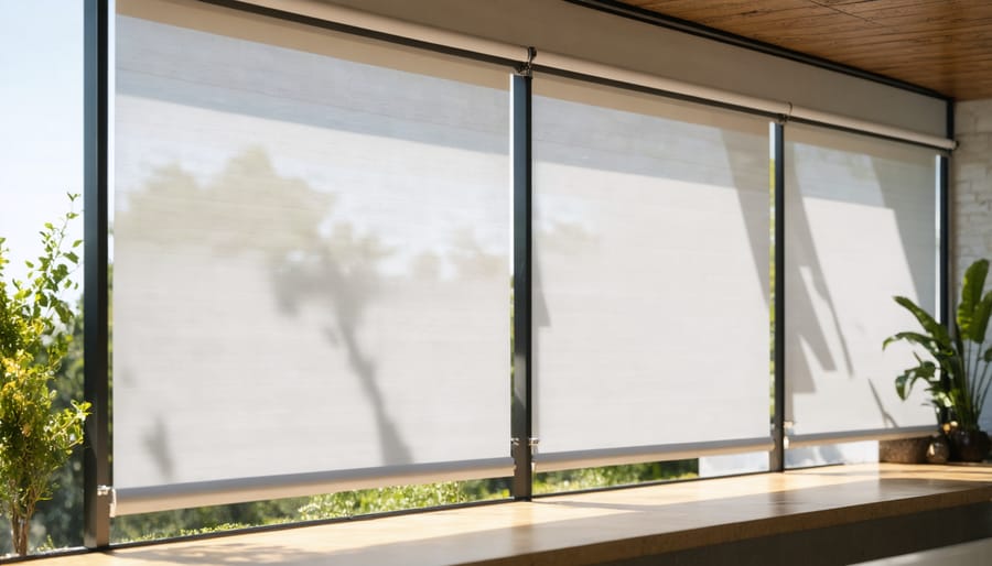 Floor-to-ceiling solar shades filtering bright sunlight in modern room