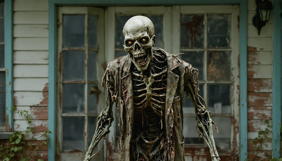 Full-size standing zombie prop with detailed costume and makeup effects