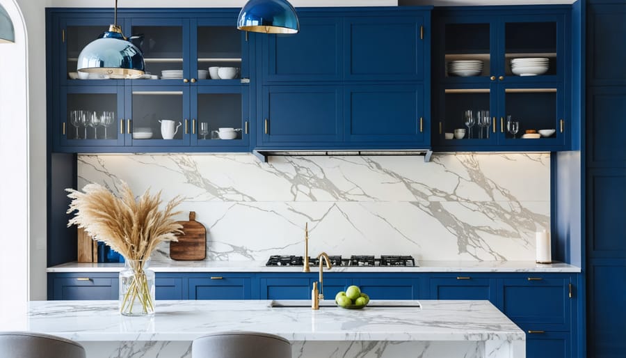 Kitchen with navy blue cabinets, marble countertops, and brass hardware