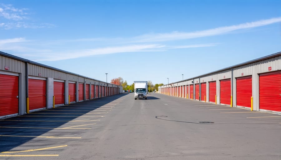 Moving truck entering self-storage facility showing wide driveway and parking area
