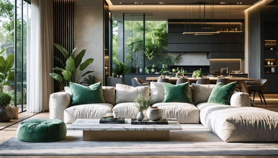 "A modern living room interior using a harmonious color palette with warm greys, soft beige furniture, and forest green accents, illuminated by natural daylight."