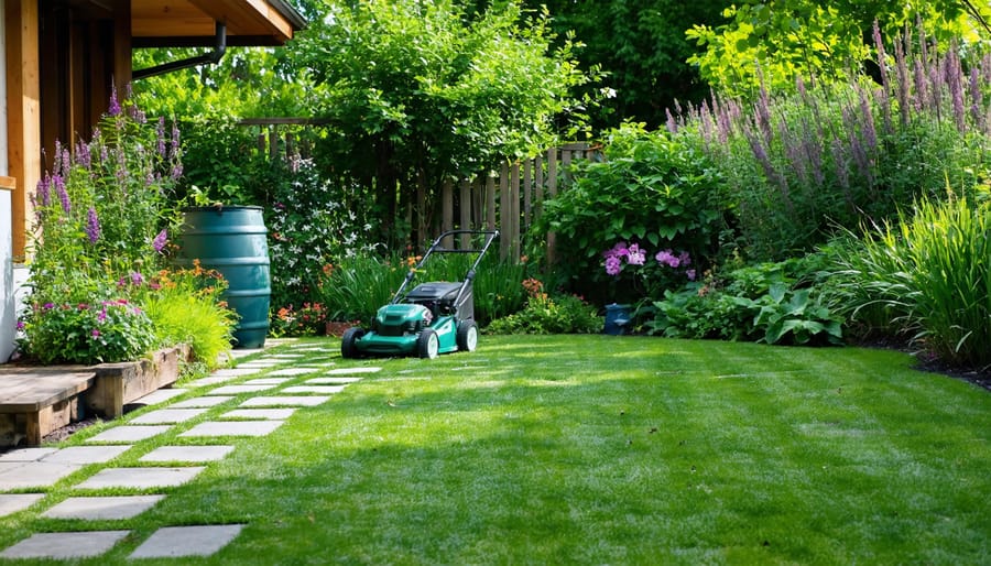 "A green yard with native plants, an electric mower, and a rain barrel under soft daylight depicting sustainable eco-friendly lawn care."