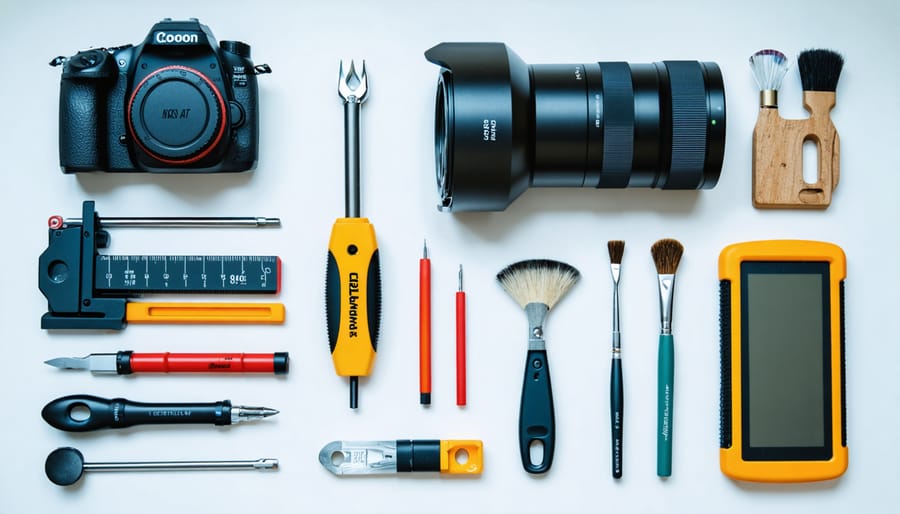 Organized collection of tech DIY tools including soldering iron, screwdrivers, and wire cutters on wooden workbench