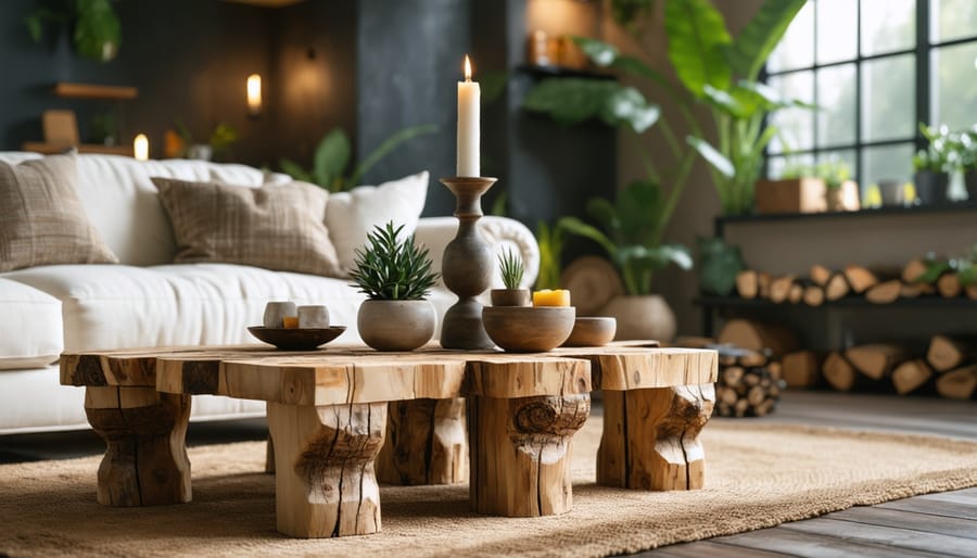 A tastefully decorated room featuring home decor items made from 4x4 lumber, including a modern candle holder, rustic plant stand, and a statement coffee table, demonstrating creative uses for reclaimed and fresh lumber.