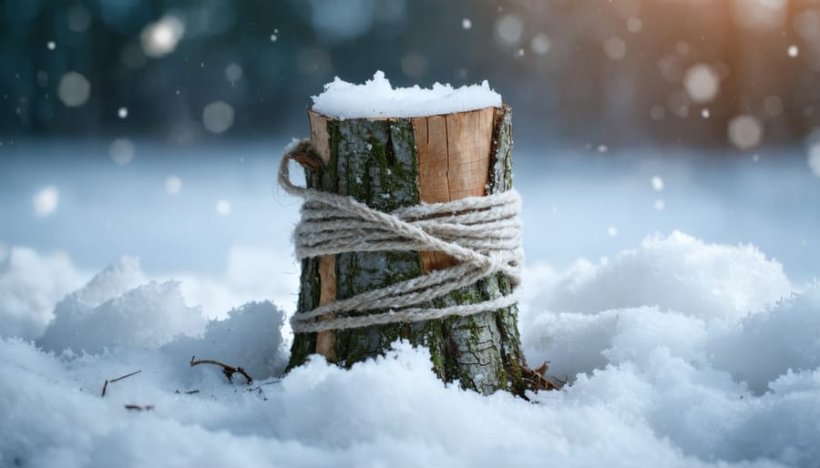 A young tree trunk wrapped with protective winter material in a snowy landscape, illustrating winter tree protection techniques.