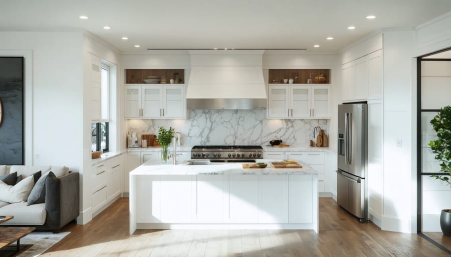 Modern U-shaped kitchen with white shaker cabinets on three walls, quartz countertops, ample center aisle, sink on the back wall under a window, range on a side run, and a partially open corner lazy Susan, with natural daylight and minimal decor in the background.