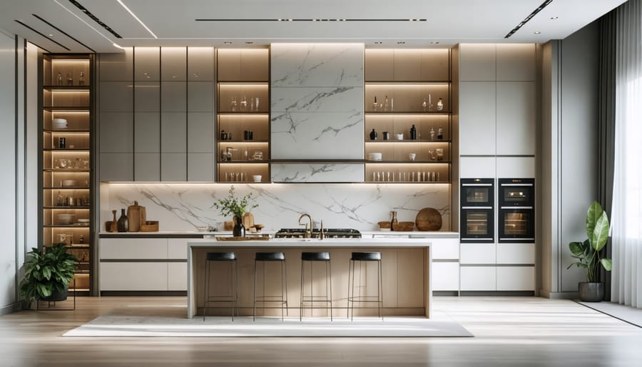 Overhead view of U-shaped kitchen showing three walls of white cabinets and work triangle configuration