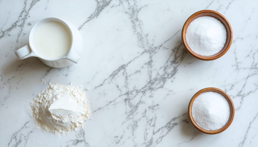 Three vegan cake ingredients neatly displayed on a white marble surface