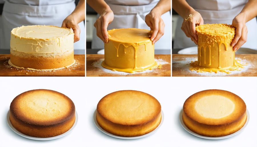 Four-panel image showing stages of mixing and baking a vegan cake