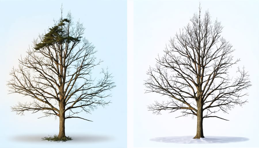 Side-by-side comparison showing correct winter pruning techniques and results