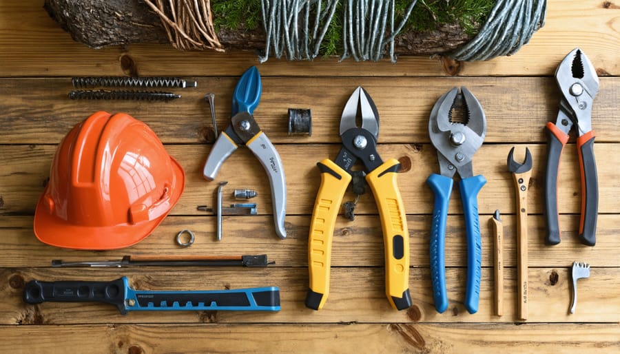 Essential winter tree care tools and safety equipment displayed on wooden workbench