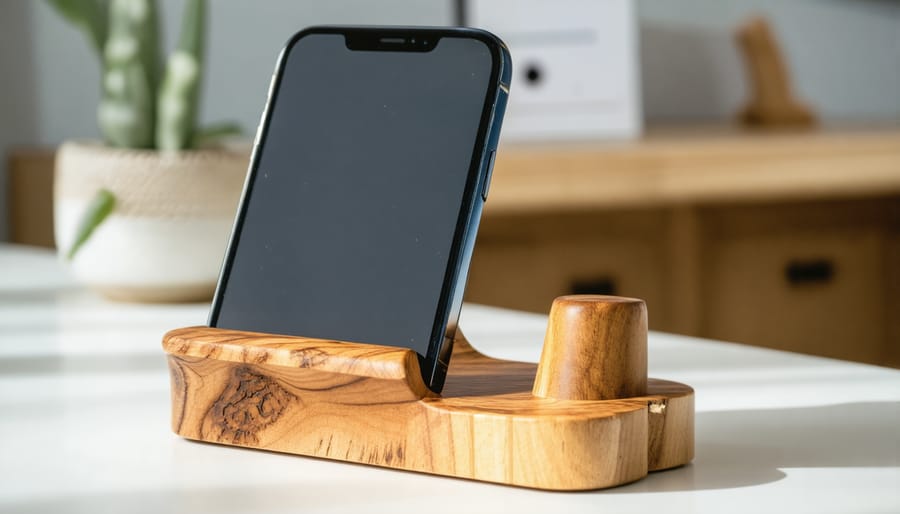 Handcrafted wooden phone stand holding a smartphone on white desk