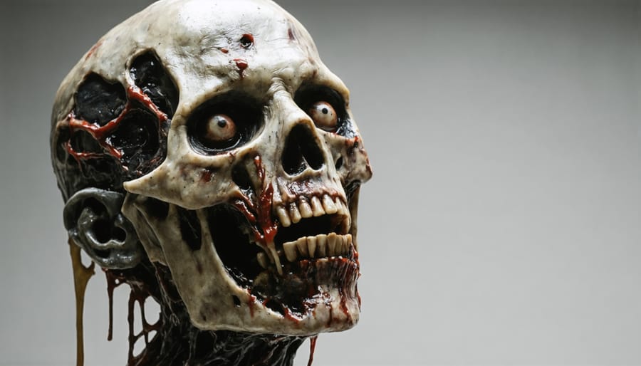 Close-up of realistic zombie hands emerging from dirt with dramatic lighting