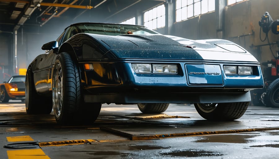 Low-angle workshop view of a lifted C4 Corvette with a 4L60 transmission aligning to an NP205 transfer case on a jack, tools and off-road tires blurred in the background.