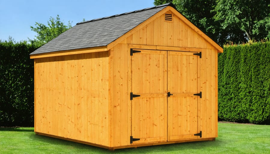 8x8 wooden storage shed with cedar siding in suburban backyard setting