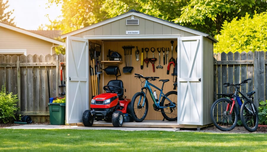 Open double-door 8x8 wooden storage shed in a suburban backyard, with a riding mower, two bikes, shelving, and garden tools inside, photographed at eye level in warm golden-hour light.