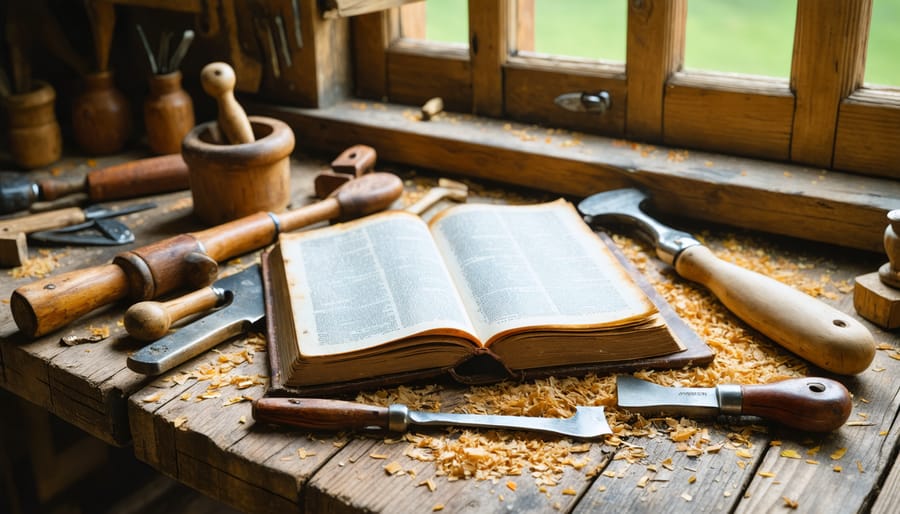 Open aged leather-bound book beside a hand plane, chisel, and carpenter’s square on a wooden workbench with wood shavings, lit by warm side sunlight, with a softly blurred workshop wall of hanging tools in the background.