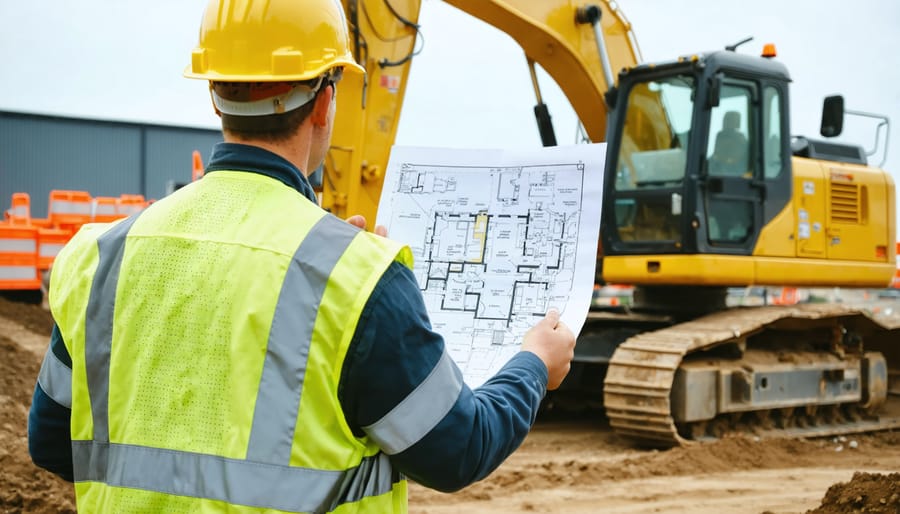 Contractor in safety gear holding a site plan at a cleared construction site with a parked yellow excavator in the background, focus on the drawings and hands.