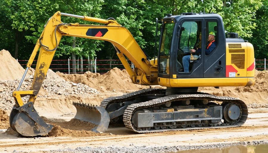 Construction professional reviewing AR training content on tablet next to excavator equipment