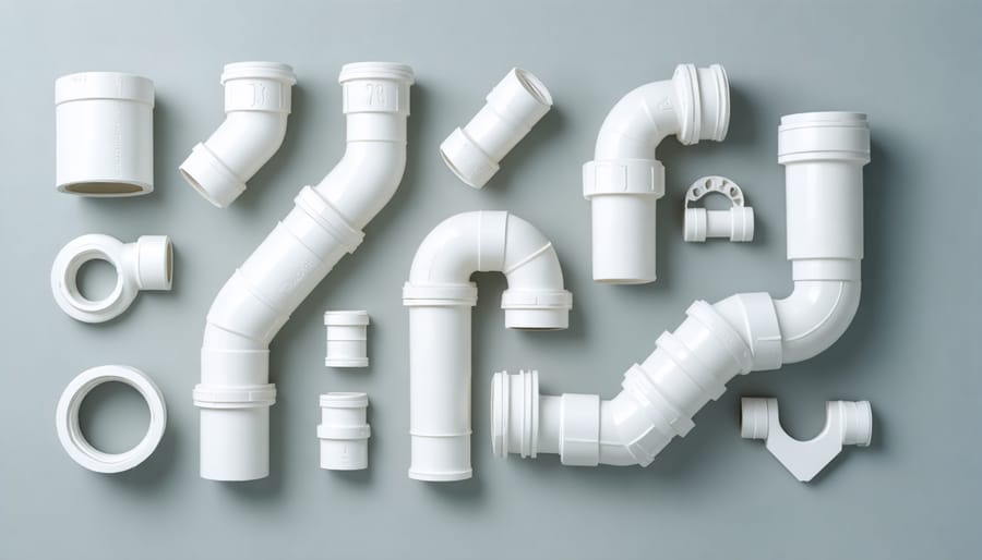Person's hands assembling PVC pipe joints and connectors