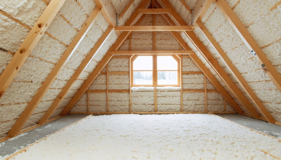 Residential attic with fiberglass insulation batts installed between wooden roof rafters