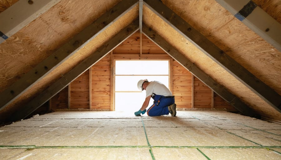Gloved installer placing fiberglass insulation batts between timber rafters in a clean residential attic, evenly covering the ceiling; soft daylight entering through a small vent with tiled suburban roofs faintly visible outside.