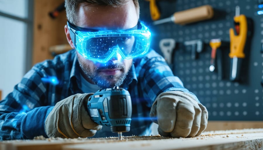 Technician wearing AR glasses using a cordless drill on a wood plank with luminous overlays indicating correct hand placement and a safety zone, in a softly blurred workshop setting.