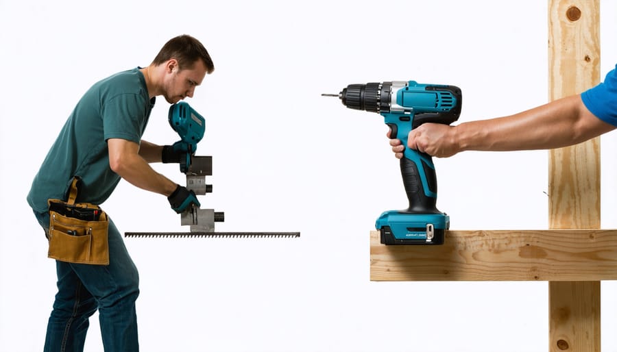 Close-up of hands gripping power drill at awkward angle showing poor ergonomic positioning