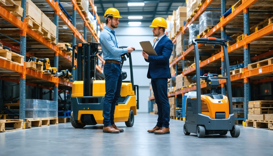 Rental manager consulting with two contractors next to a cart of heavy-duty power tools in an organized warehouse, soft diffused skylight and shallow depth of field with shelves and a forklift blurred in the background.