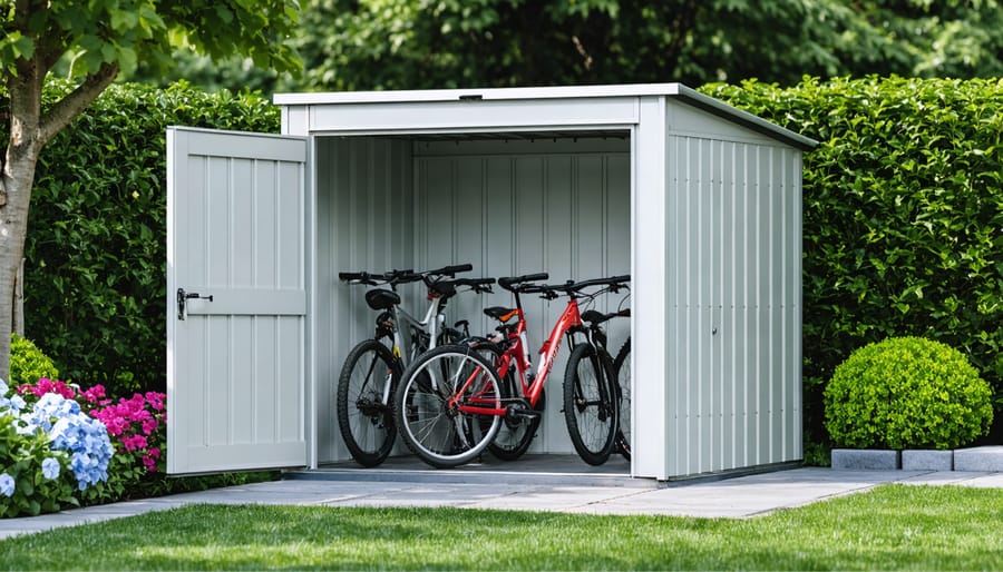 Modern metal bike storage shed in garden with multiple bicycles stored inside