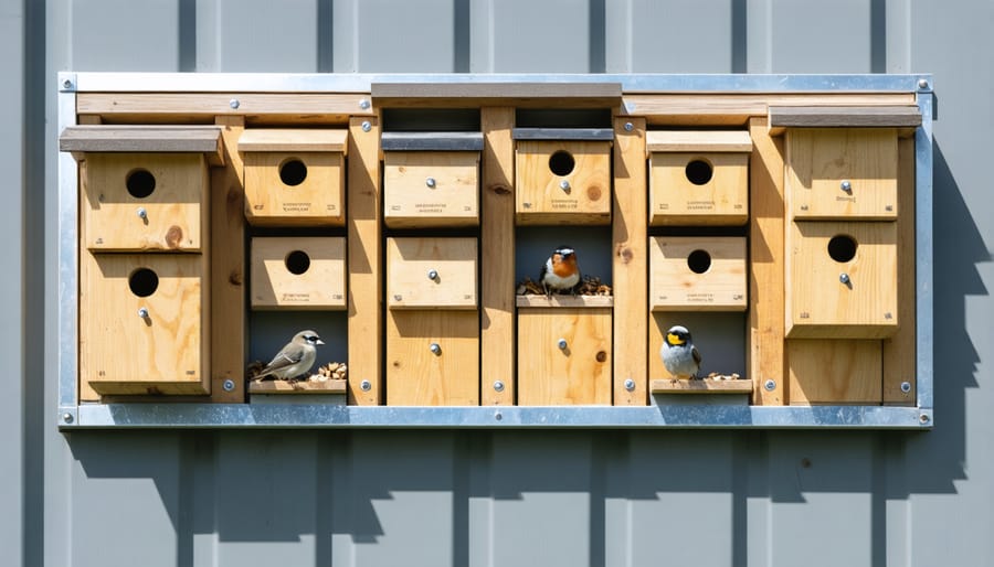 Blue tit bird at entrance of wooden nesting box mounted on modern building wall