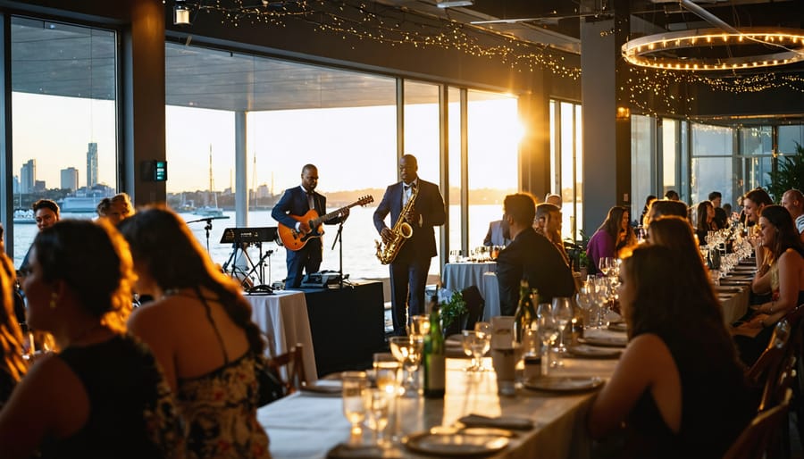 Live jazz trio performing on a small stage at a modern Sydney venue as guests in cocktail attire mingle at high-top tables, golden hour light streaming through windows, with a softly blurred city skyline and glowing photo booth behind them.
