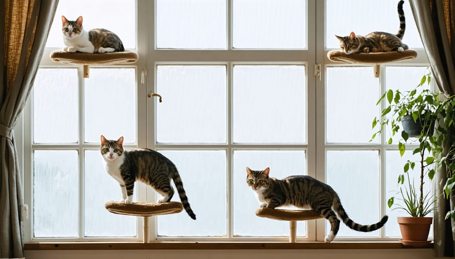 Cat sitting on wall-mounted window perch looking outside