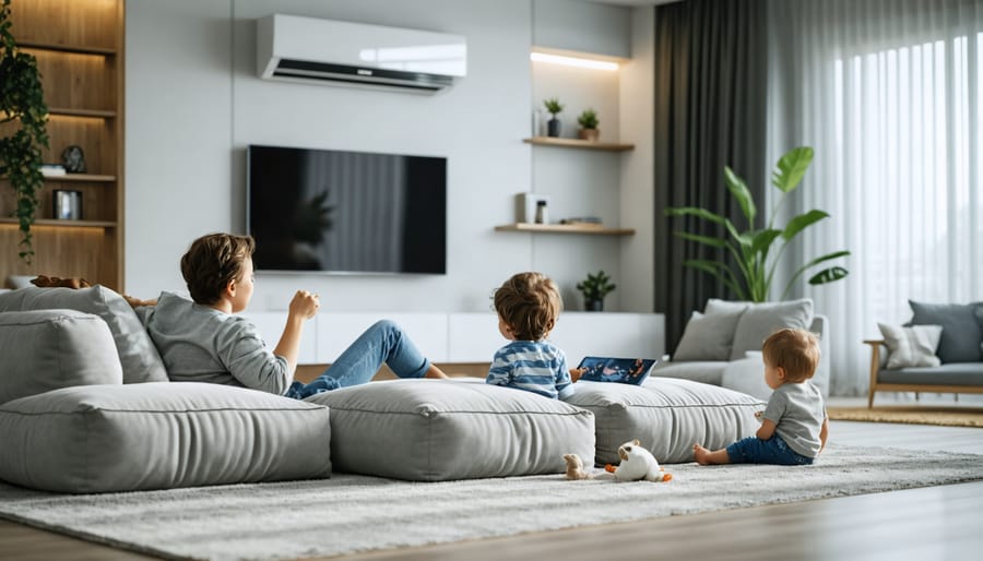 Family relaxing in comfortable modern living room with effective climate control