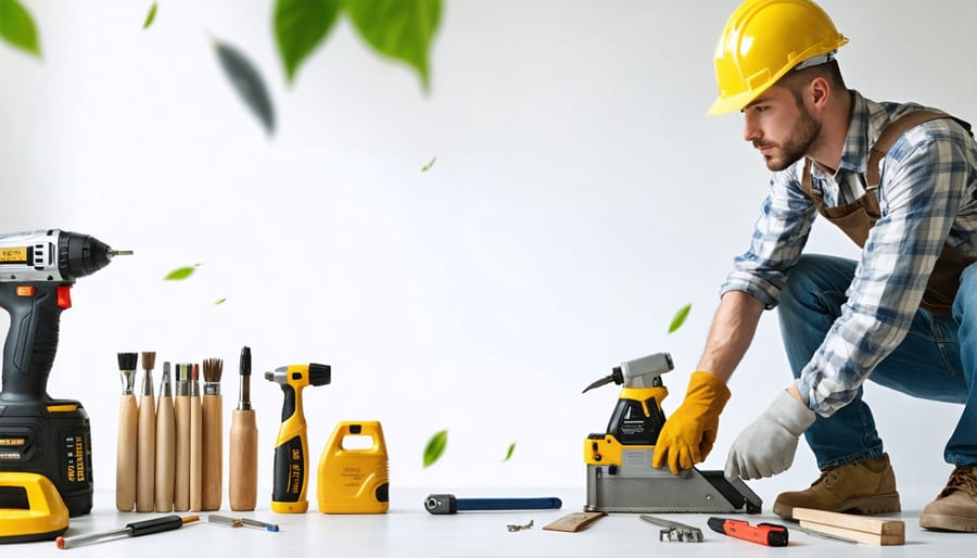 Group of tradespeople reviewing rental information together in tool warehouse