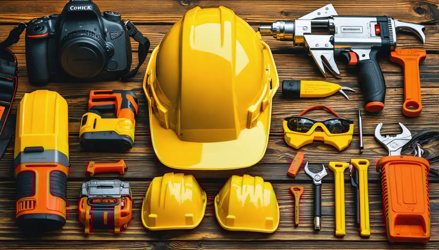 Complete personal protective equipment kit laid out including safety glasses, gloves, hearing protection, and respirator