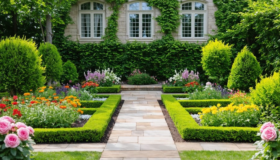 Wide view of formal Victorian-style garden with brick edging and colorful flower beds